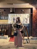 1S Retro Vertical Striped Suspender Skirt Long