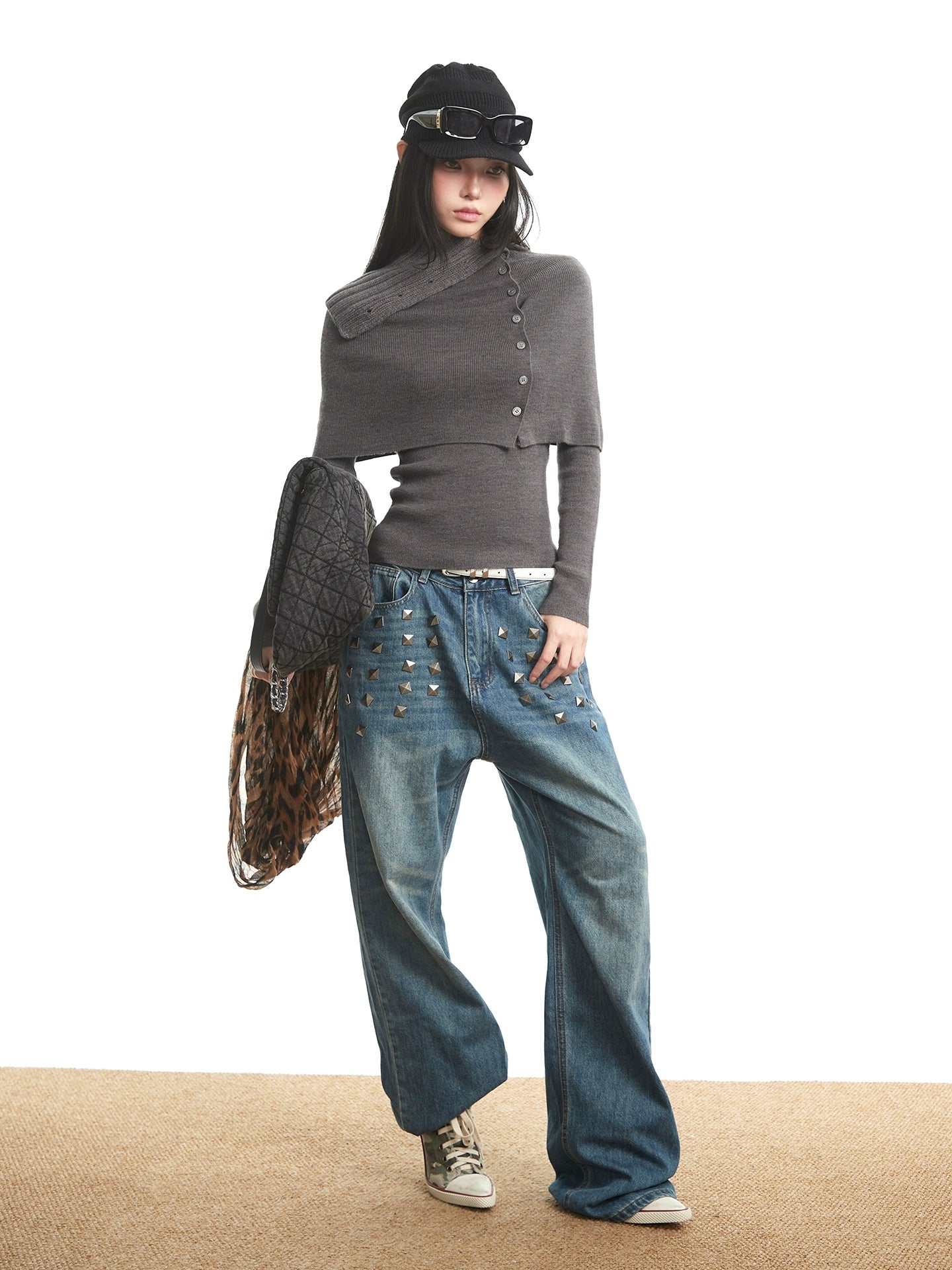 UNCMHISEX Turtleneck Long-sleeved Knitted Cardigan