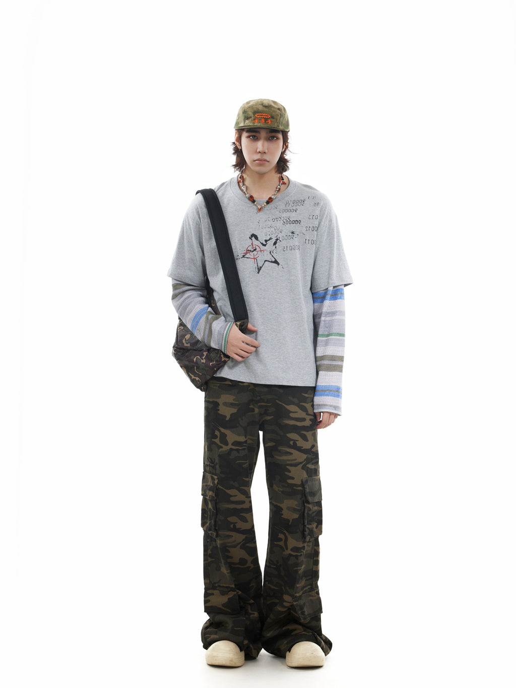 BTSG fake two-piece striped splicing long-sleeved Tee