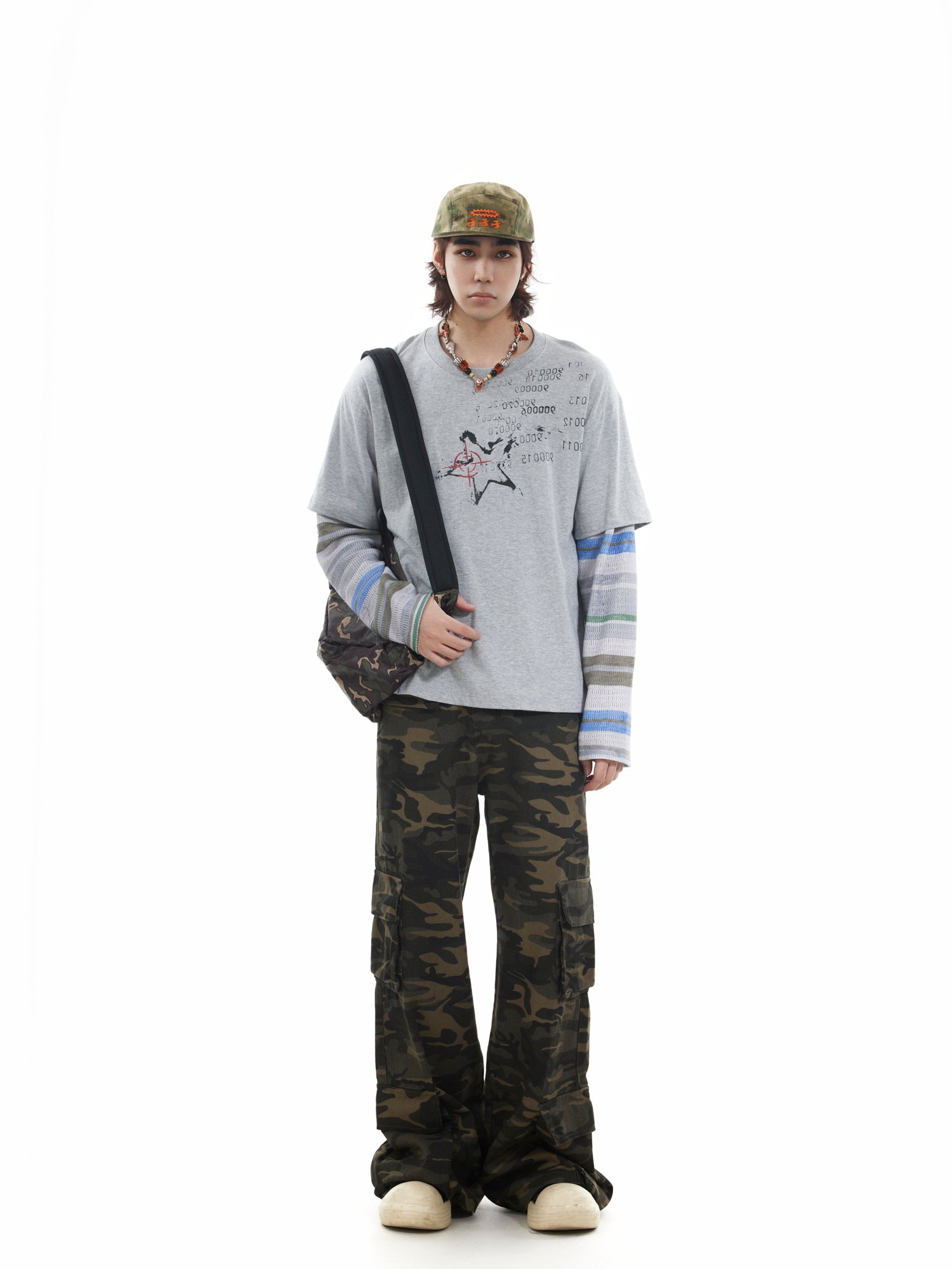 BTSG fake two-piece striped splicing long-sleeved Tee