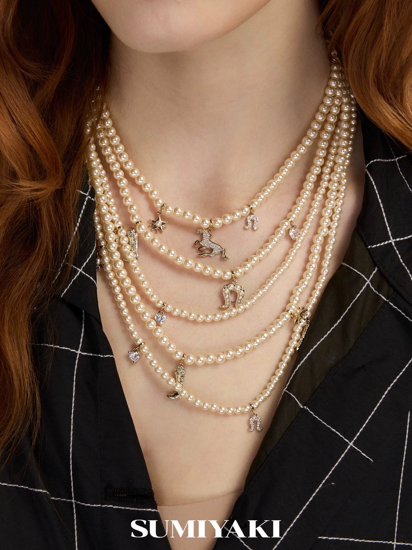 SUMIYAKI Flash Pony Full of Diamonds Multi-layer Pearl Necklace
