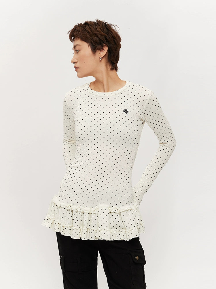 Mershier Polka Dot Full Print One-piece Pleated Skirt Long Sleeve