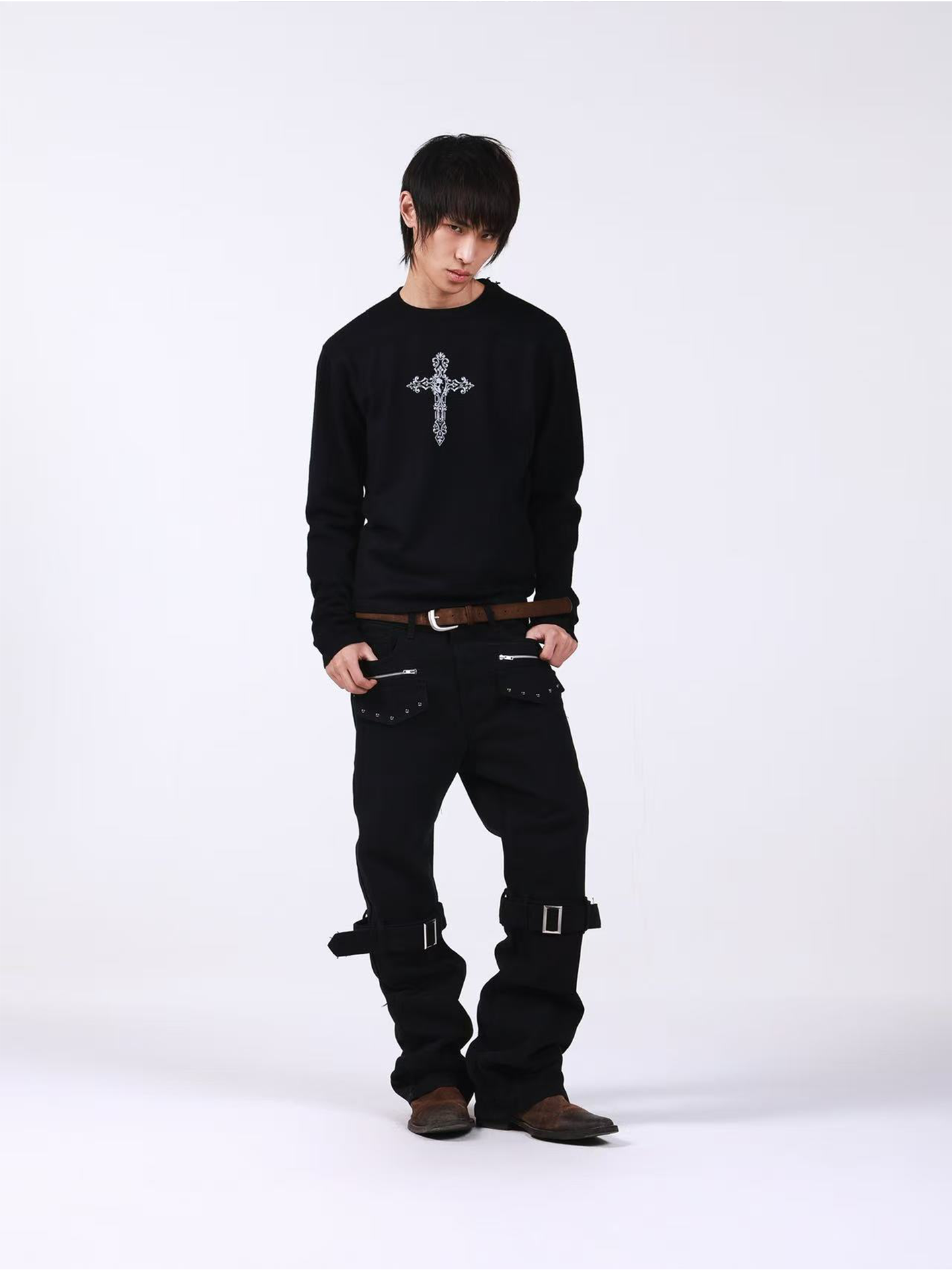 DETW Metal Zipper Strap Adjustable Stacked Jeans