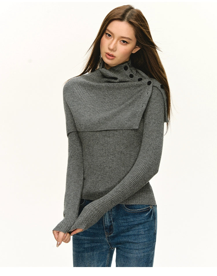 Anna Aneae Pullover High Neck Removable Shawl Bottom Long Sleeve
