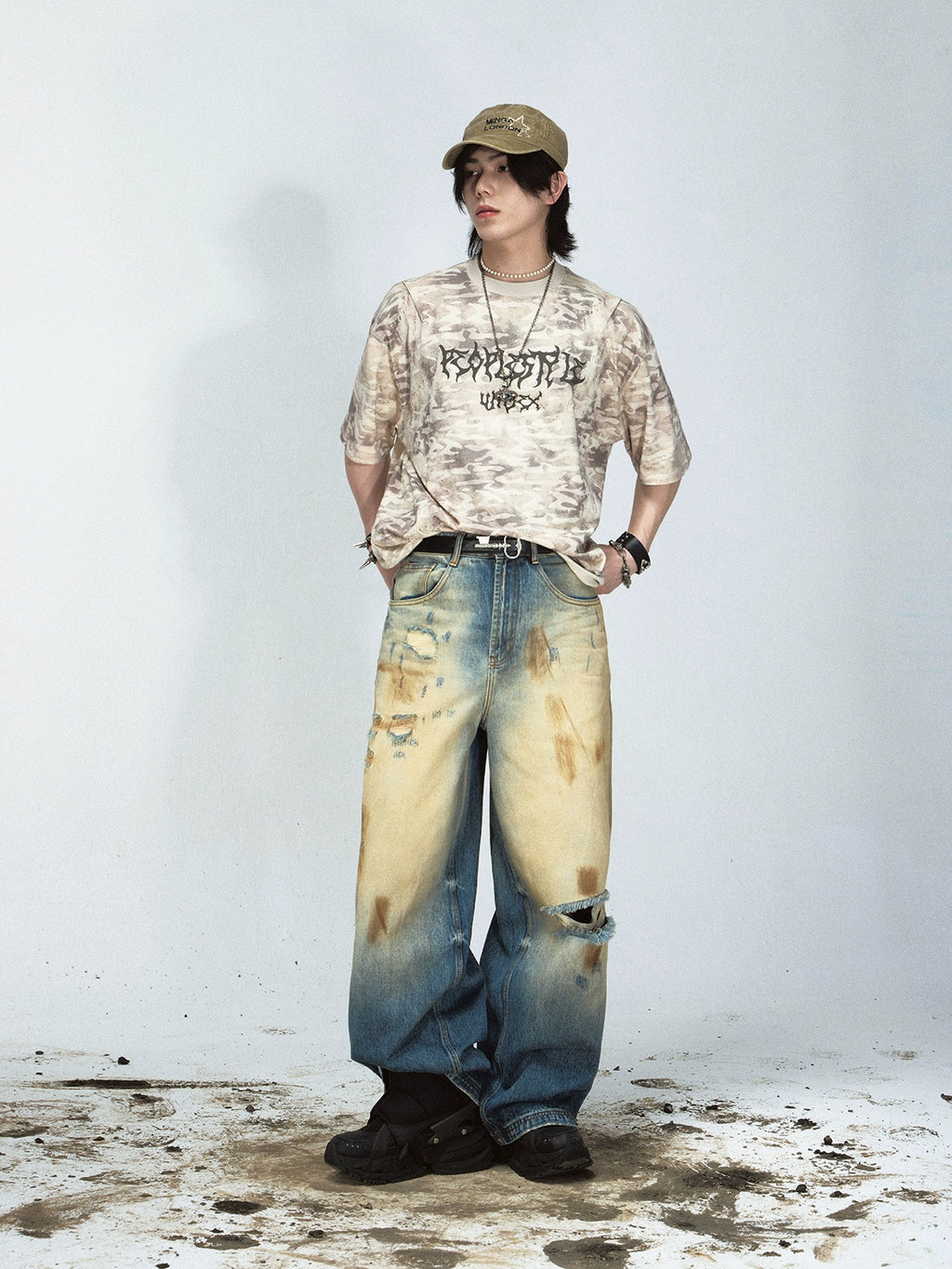 PEOPLESTYLE Yellow Mud-dyed Ripped Straight Jeans