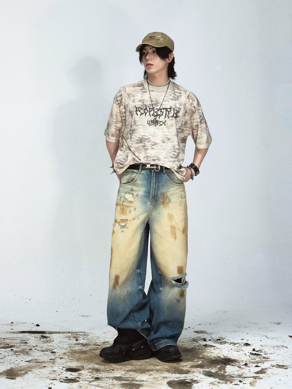 PEOPLESTYLE Yellow Mud-dyed Ripped Straight Jeans