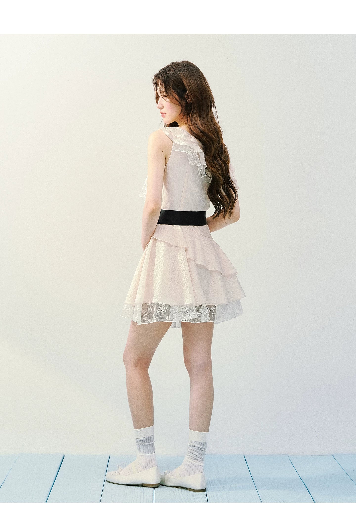 SunsetPark Fake Two-piece Slanted Shoulder Lace Ruffle Dress