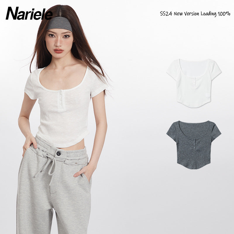 Nariele Big U-neck Slim-fit Open Button Tee