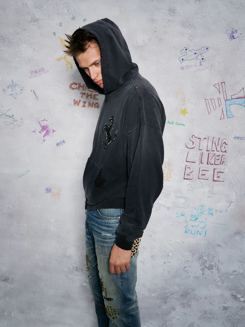 WANNA LAB Cloth-embroidered Zip-up Hooded Sweater