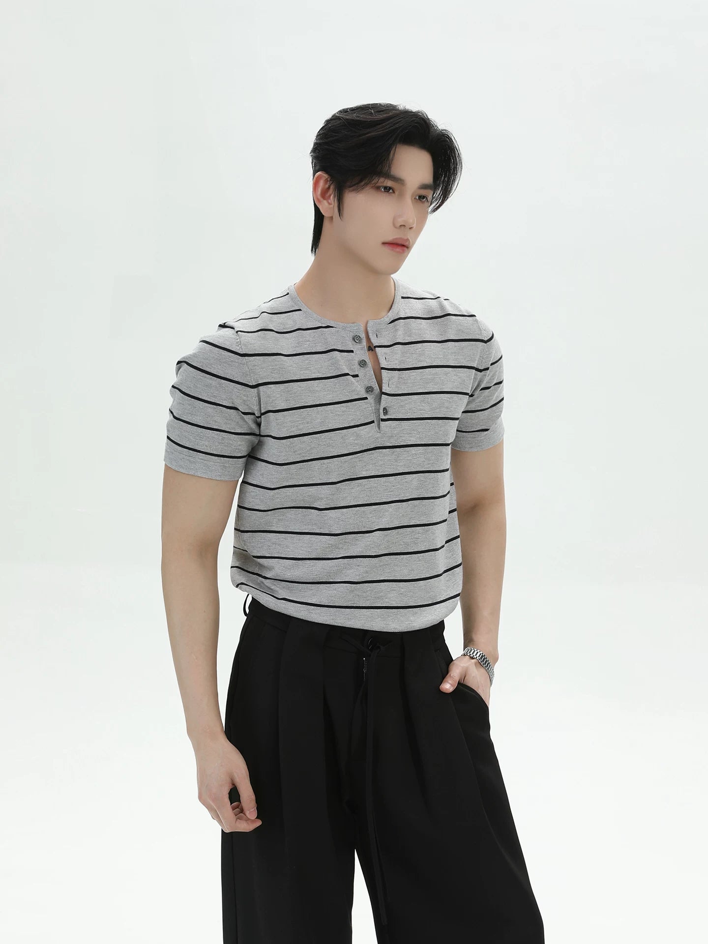 TURNTIDE Henry Collar Striped Slim Casual Tee