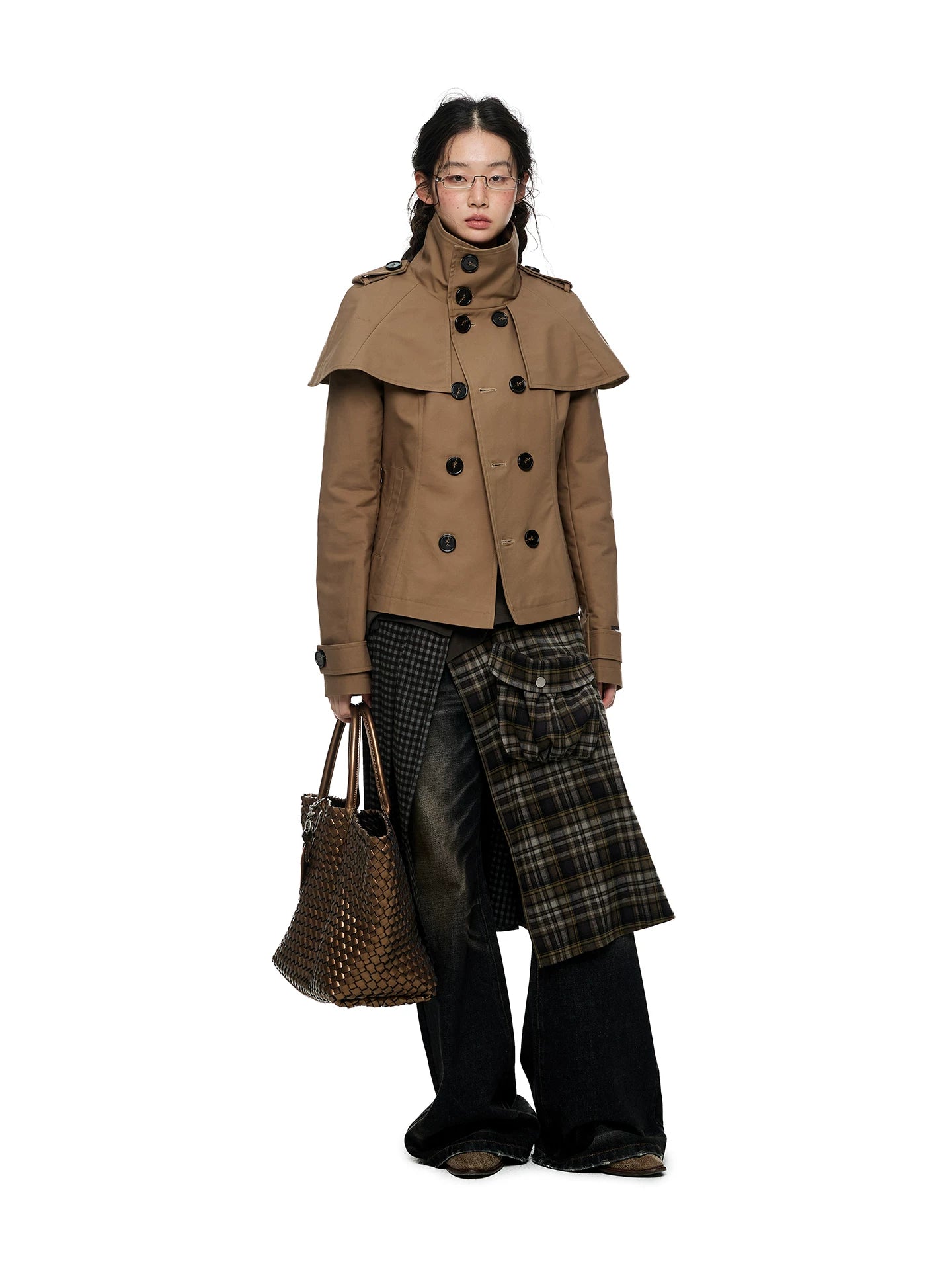 JIKOO Contrasting Color Splicing Plaid Skirt