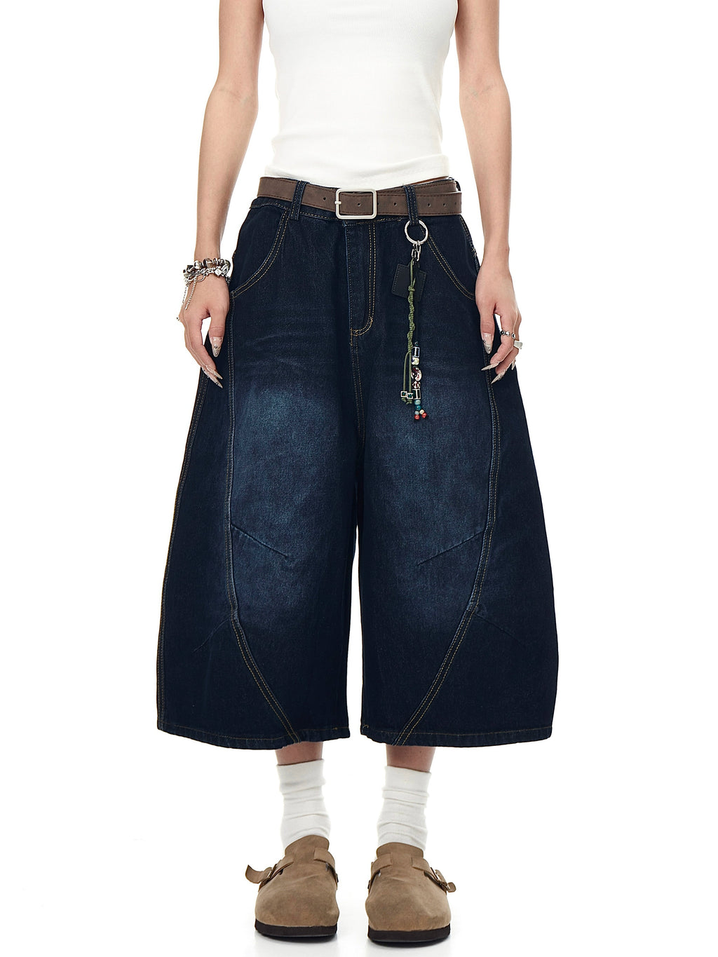 BLACKLISTS Leopard Print Stitched Embroidered Denim Shorts