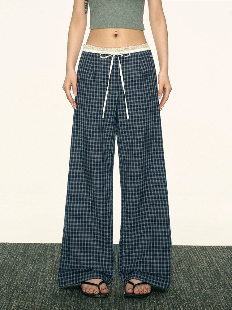 Aaisup Vintage Plaid Lace Spliced Bow Wide Leg Pants