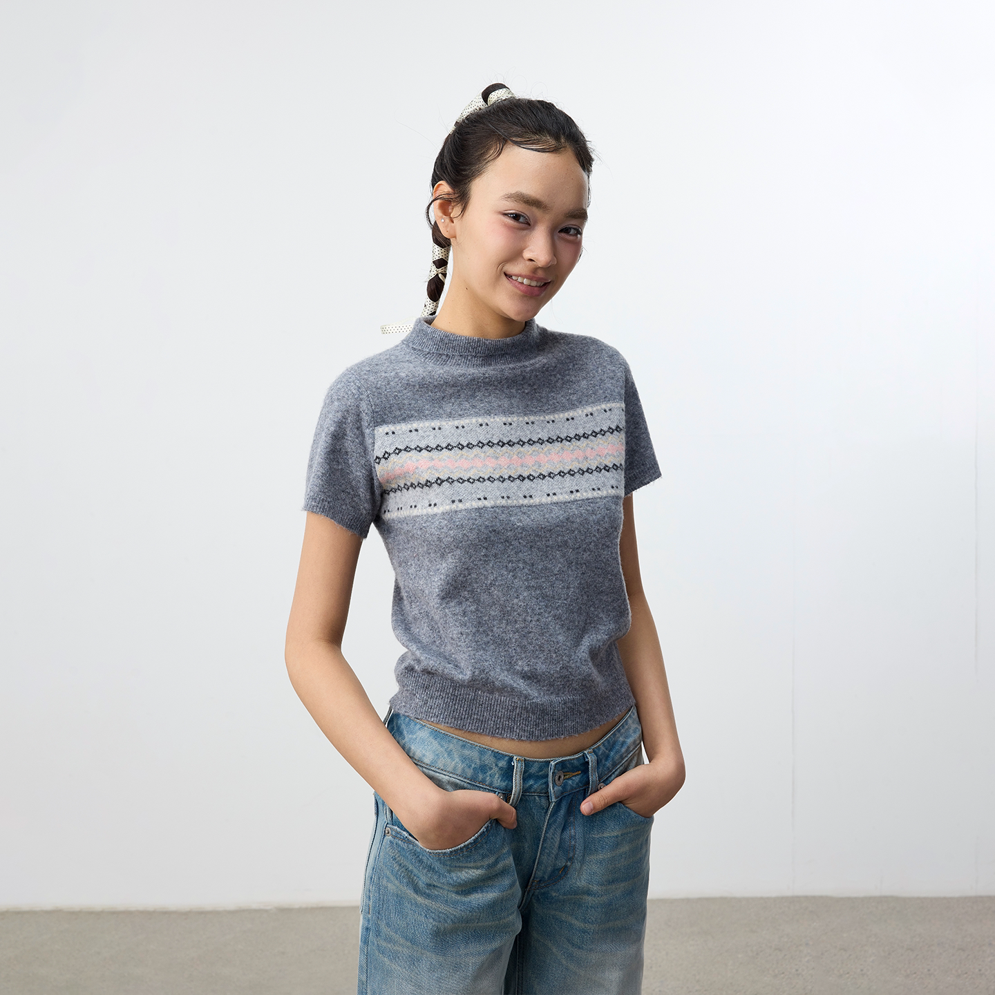 Set for life Lazy Sur fleece jacquard semi-turtleneck knitted short sleeves