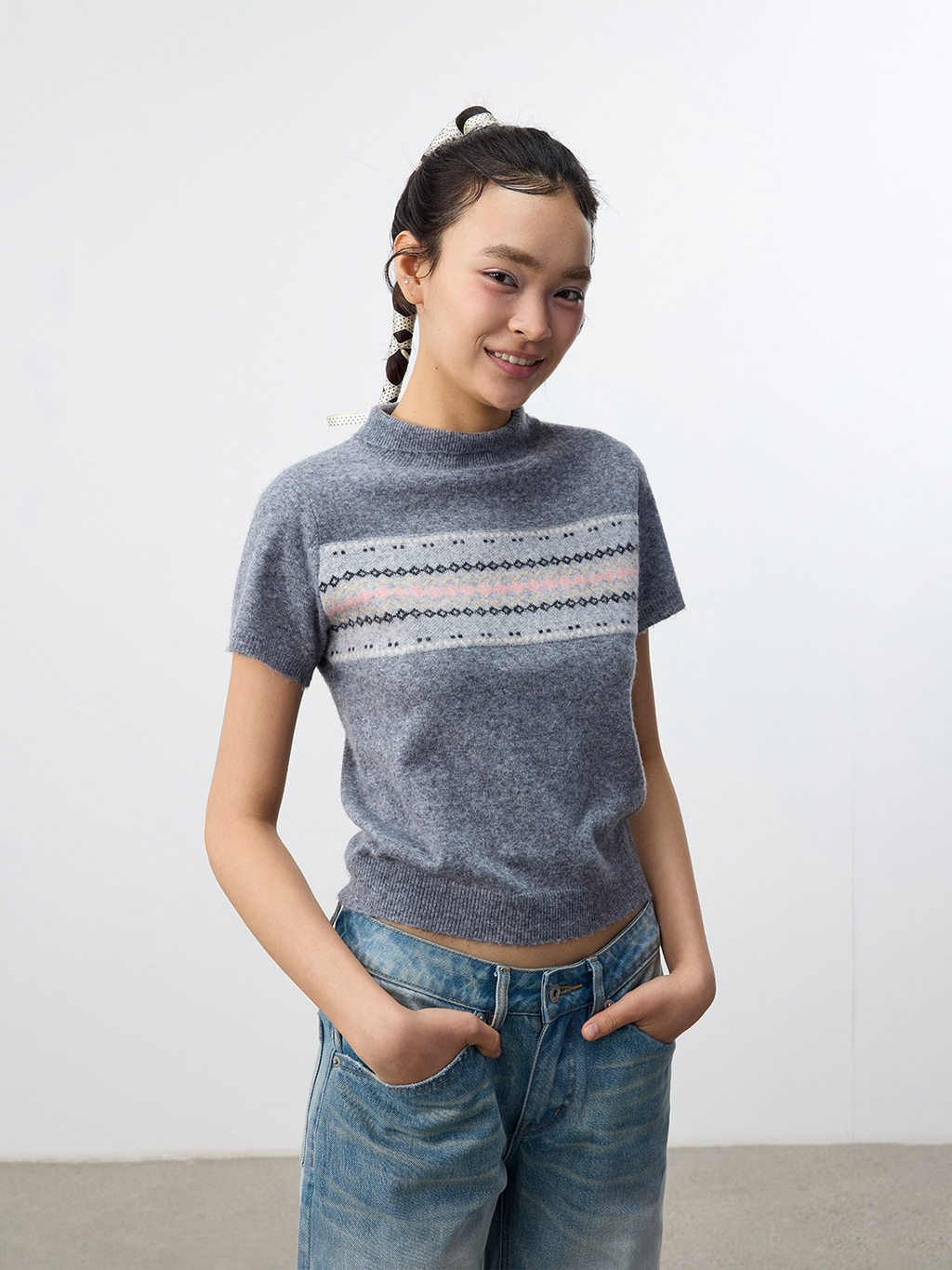 Set for life Lazy Sur fleece jacquard semi-turtleneck knitted short sleeves