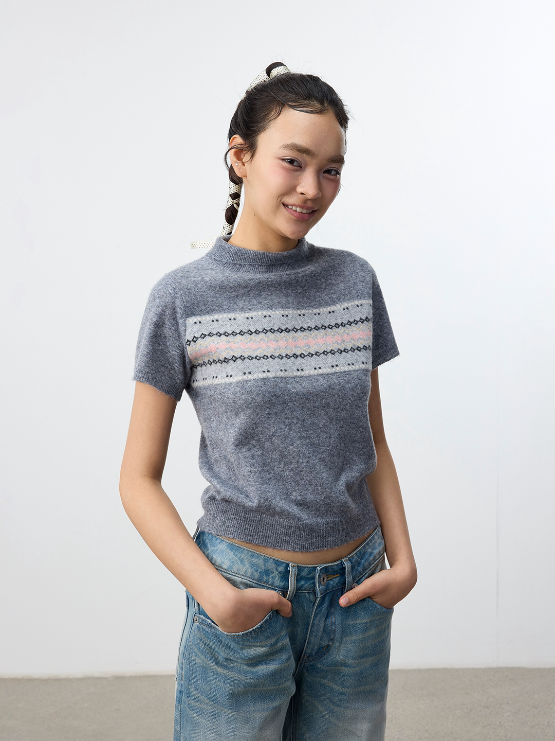 Set for life Lazy Sur fleece jacquard semi-turtleneck knitted short sleeves