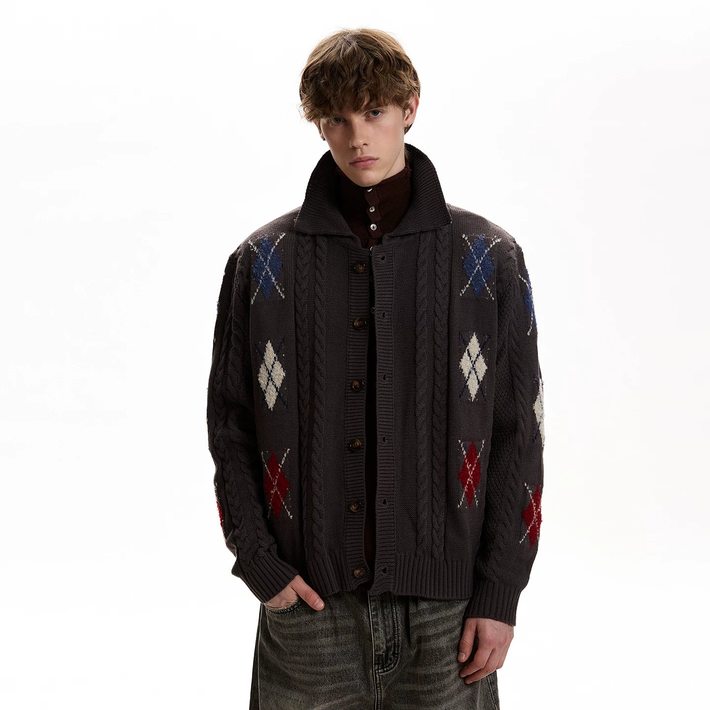 A PUEE Vintage Twist Rhombus Knitted Cardigan Sweater