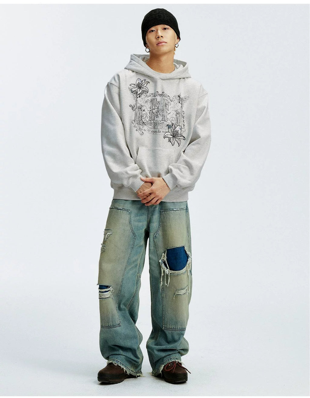 MEDM Symmetrical Angel Printed Casual Hooded Sweater