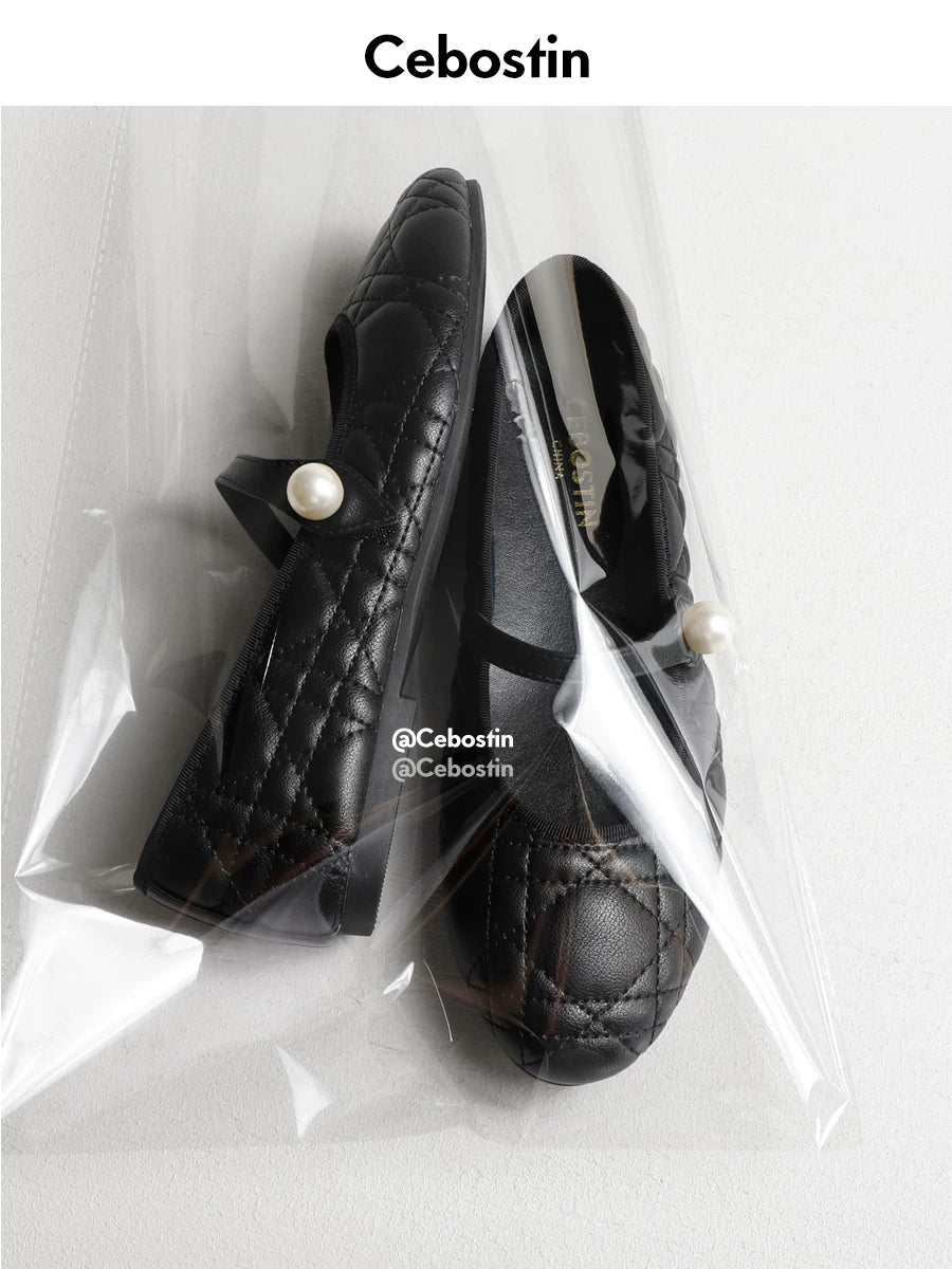 Cebostin One-word with Rhombus Pattern Retro Shallow Mouth Mary Jane Shoes