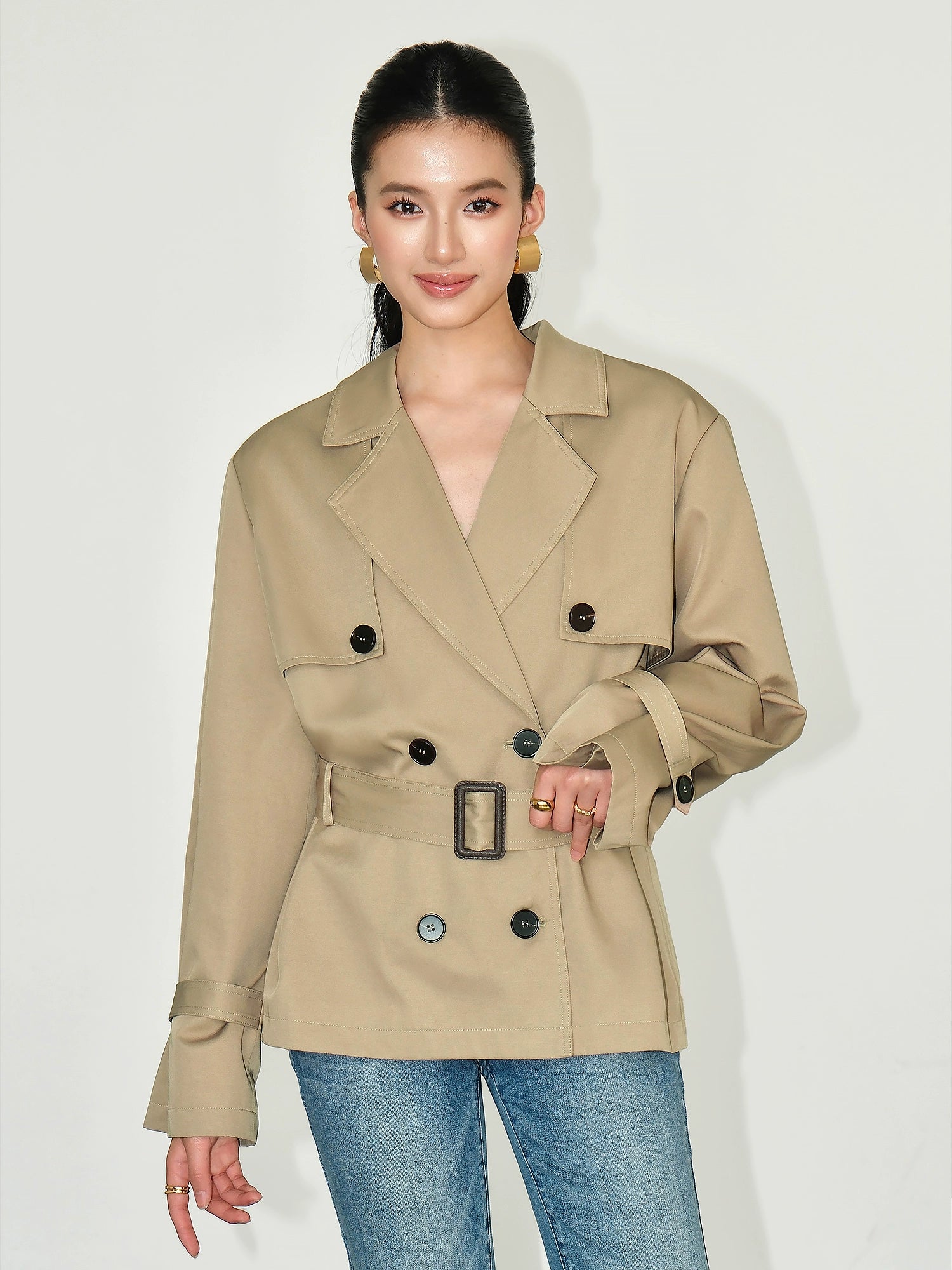 NEVA HU Short Korean Version of High-end Trench Coat