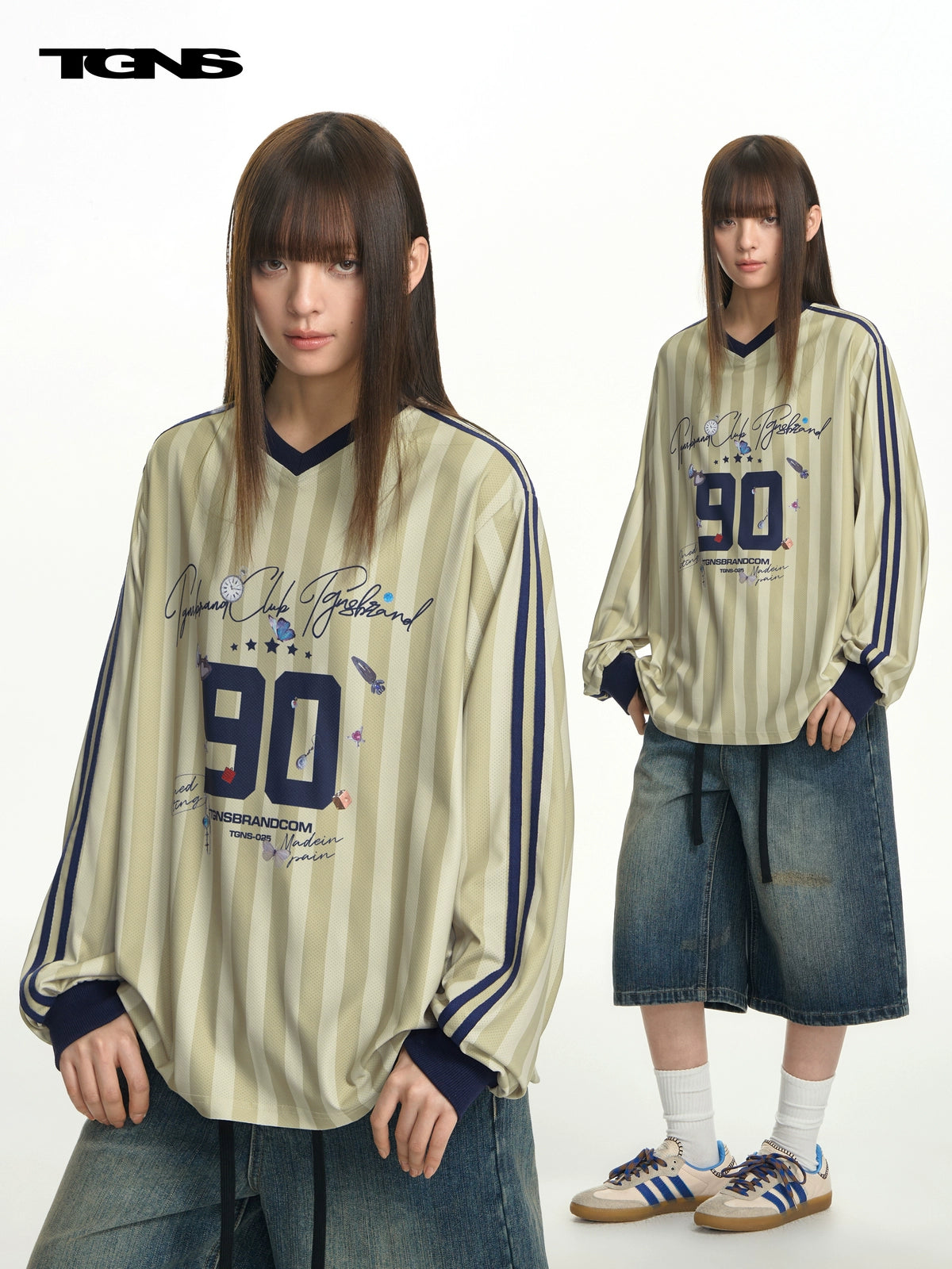 TGNS Striped Print Vintage Loose Casual Long Sleeve