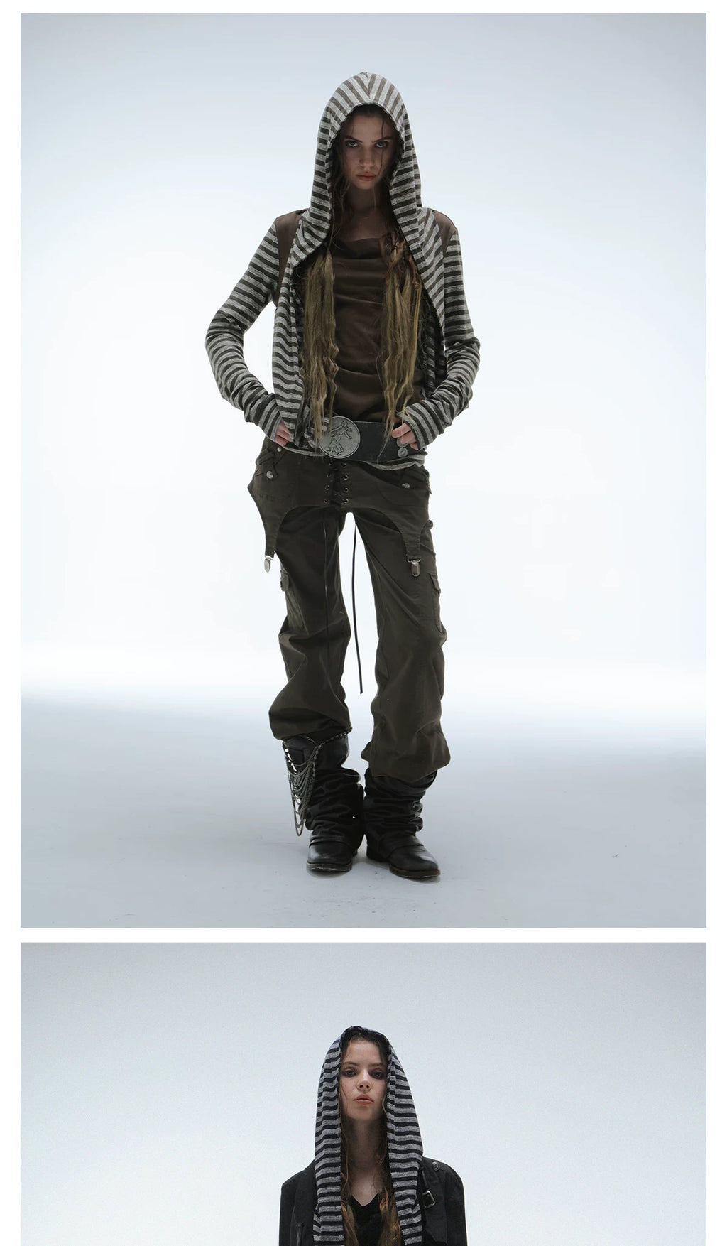 DoublePunch Fake Two-piece Splicing Striped Zipper Long Sleeve