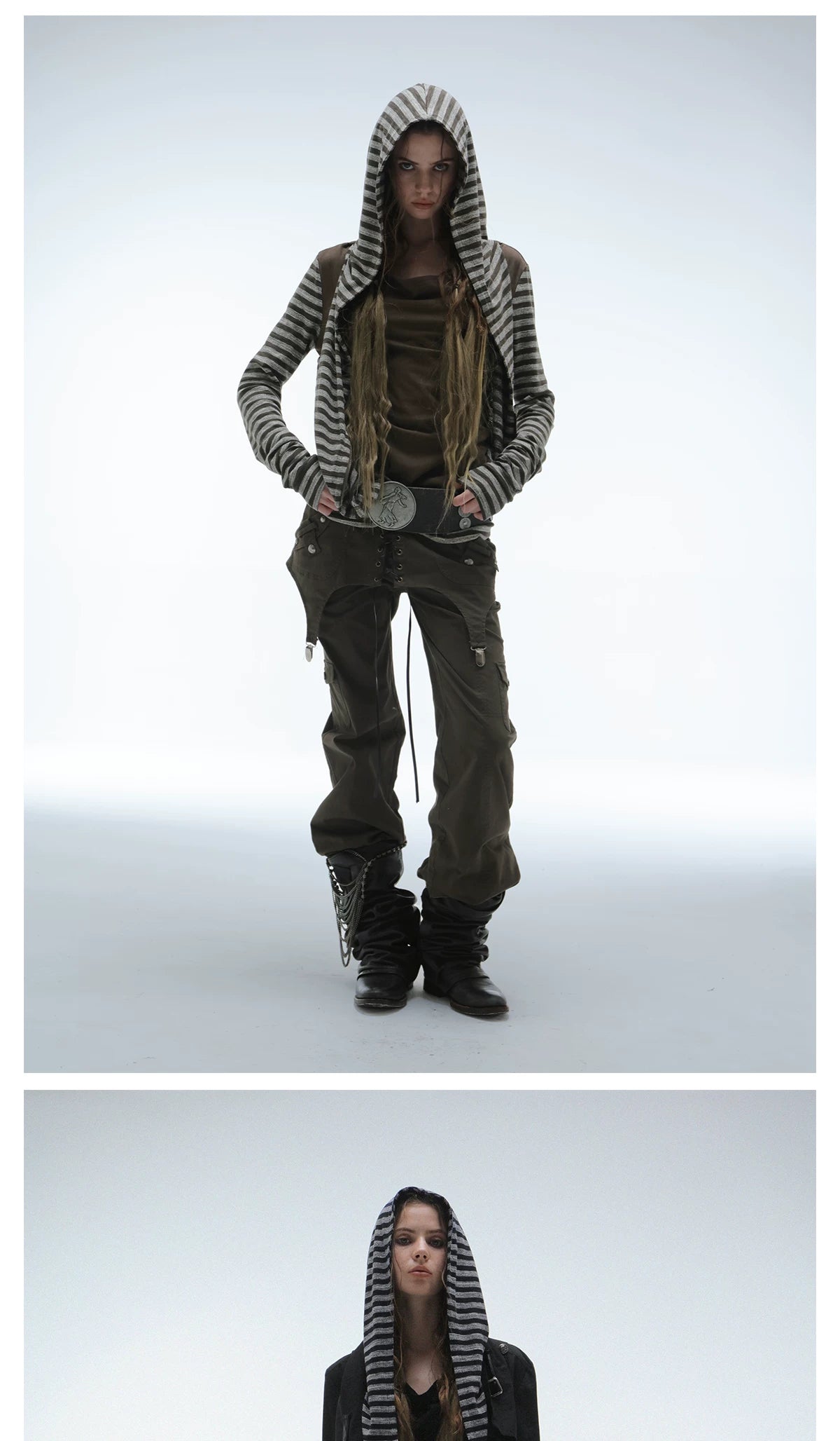 DoublePunch Fake Two-piece Splicing Striped Zipper Long Sleeve