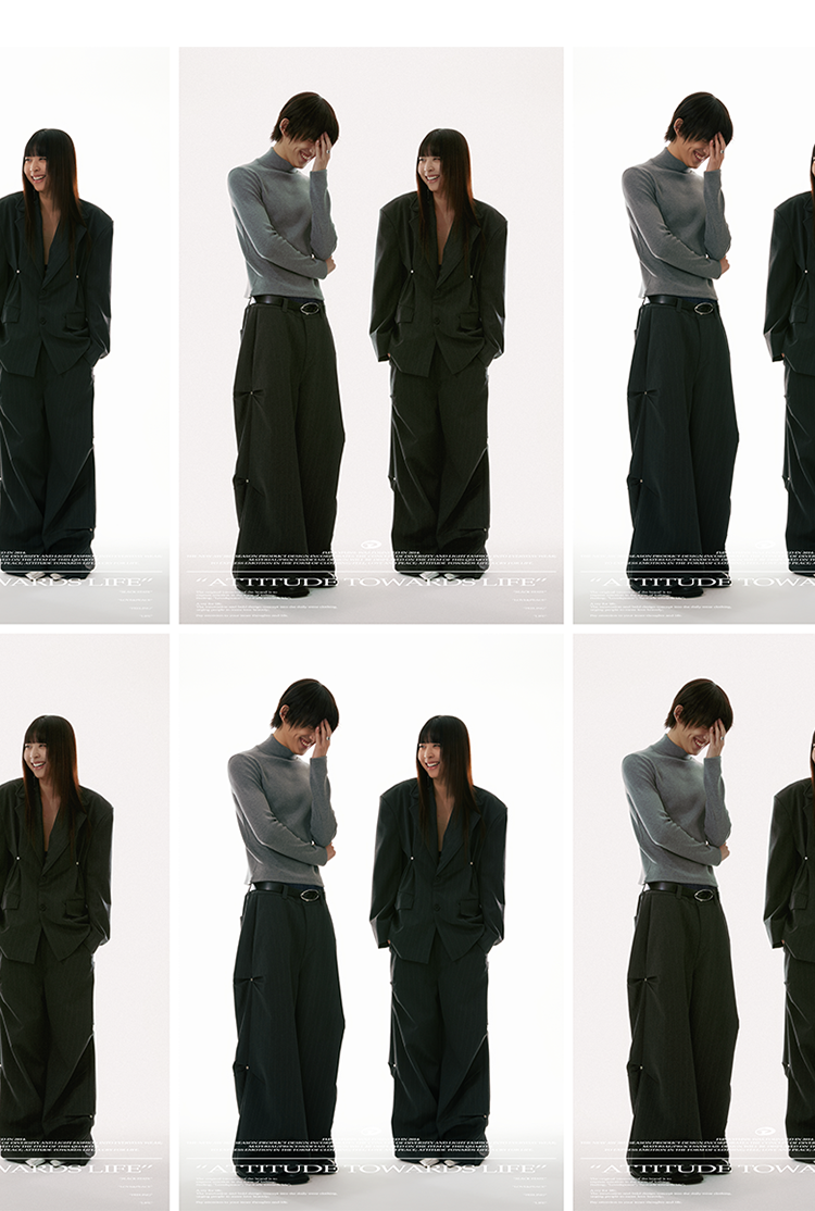 FUNKYFUN Stud Three-dimensional Pleated Dark Striped Straight Pants