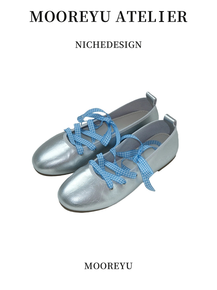 Mooreyu Cross Strap Ballet Leather Round Head Mary Jane Shoes