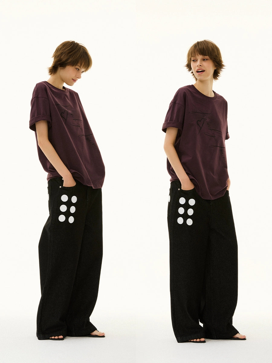 FUNKYFUN Front and Rear Polka Dot Print Loose Jeans