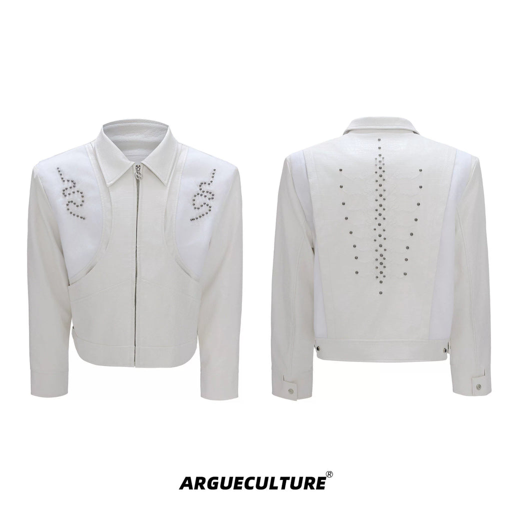 ArguECulturE Snakeskin Stitching Embroidered Slim-fit Leather Jacket