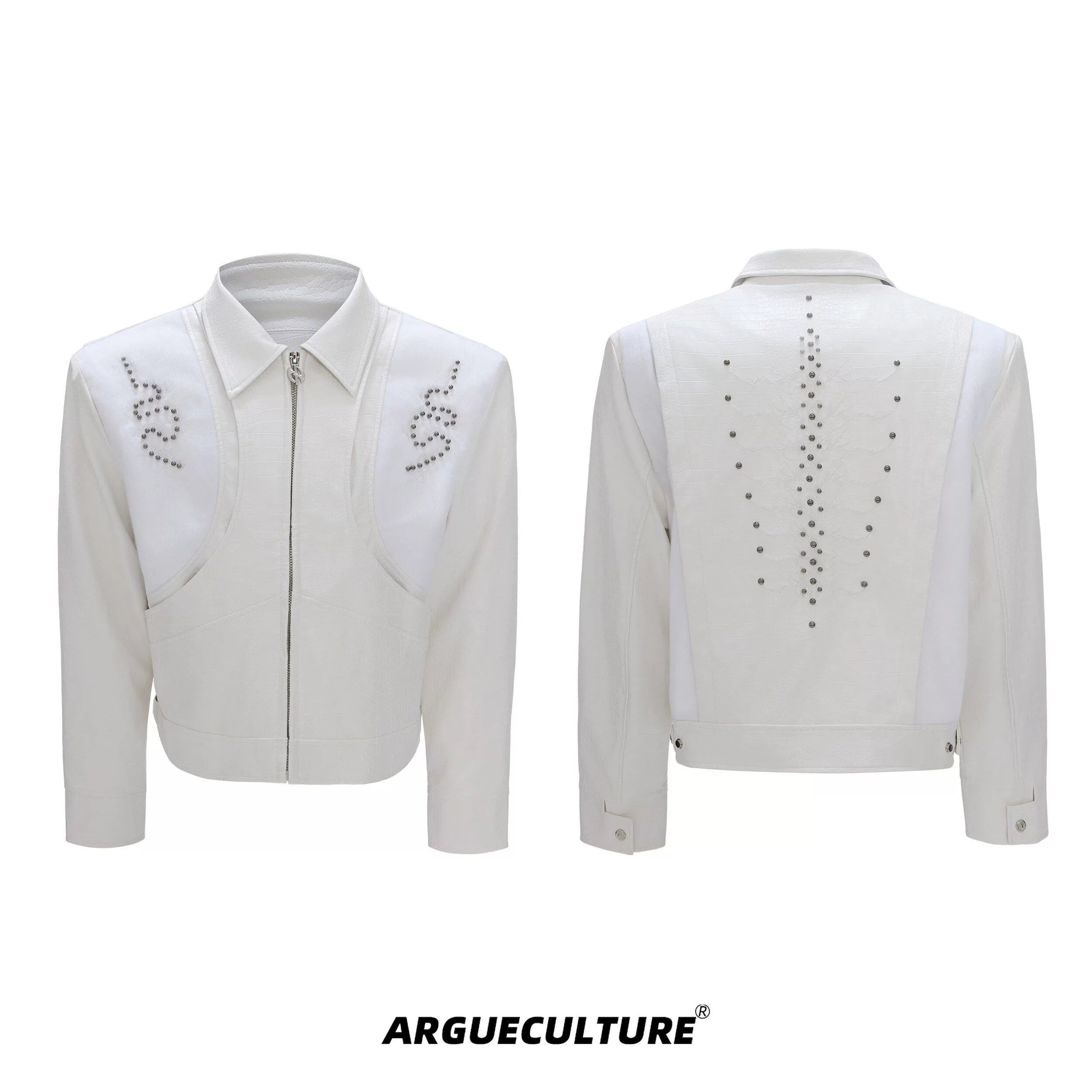 ArguECulturE Snakeskin Stitching Embroidered Slim-fit Leather Jacket