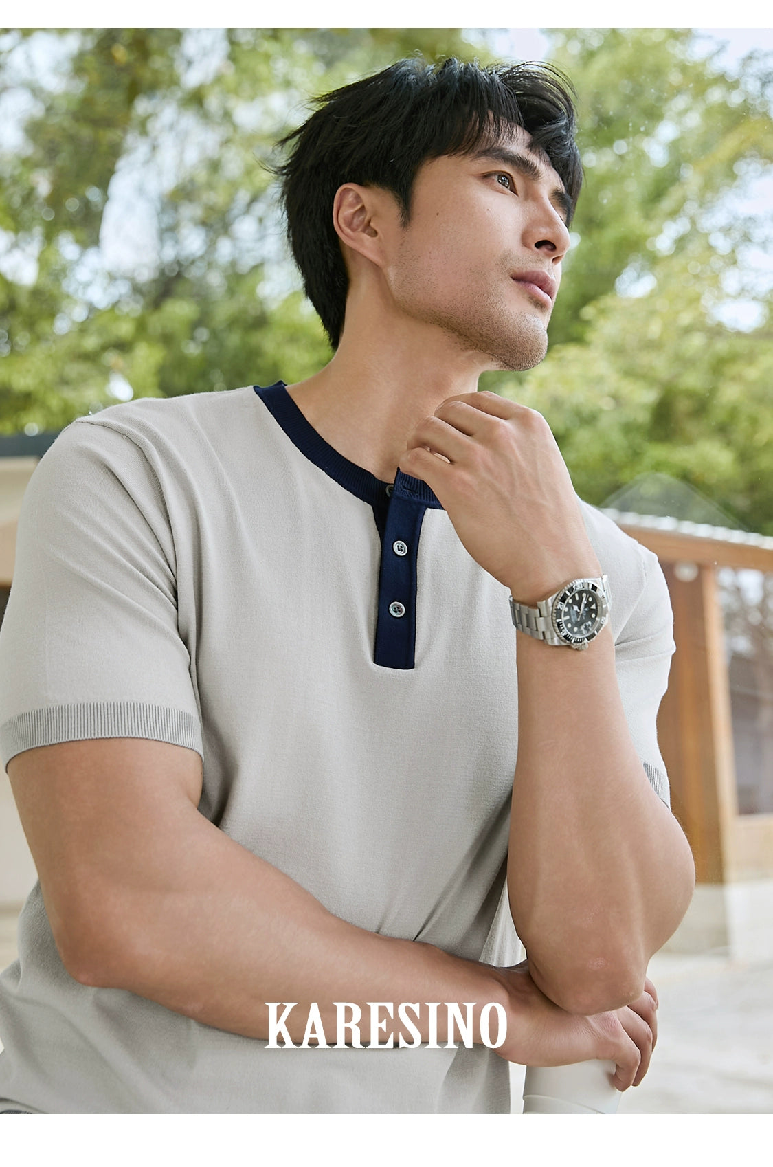 KARESINO Contrasting Color Splicing Cold Silk Cool Knitted Polo Shirt