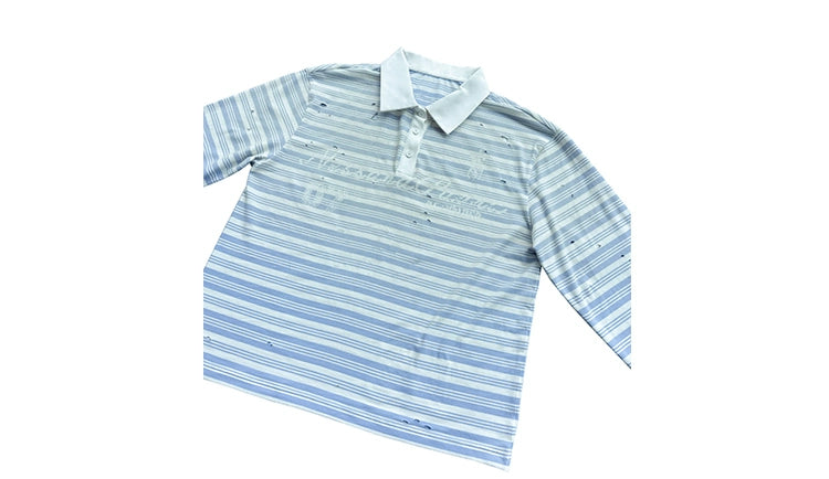 WASE Spray Dye Gradual Change Hole Print Polo Stripe Long Sleeve