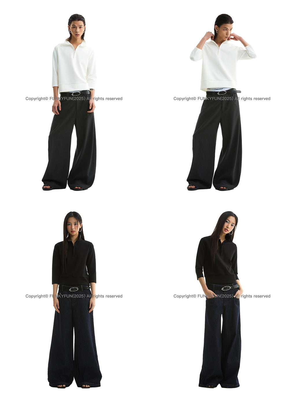 FUNKYFUN Half Zipper Simple Seven-quarter Sleeve Tee