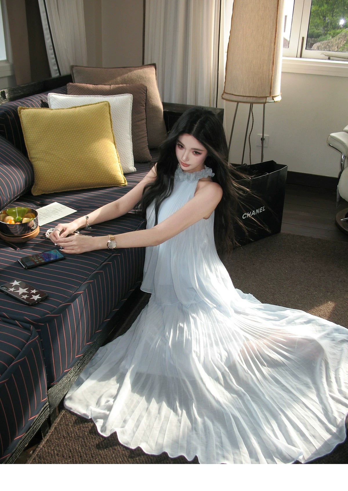BarbChill Pleated Chiffon Neck Top Long Skirt Set