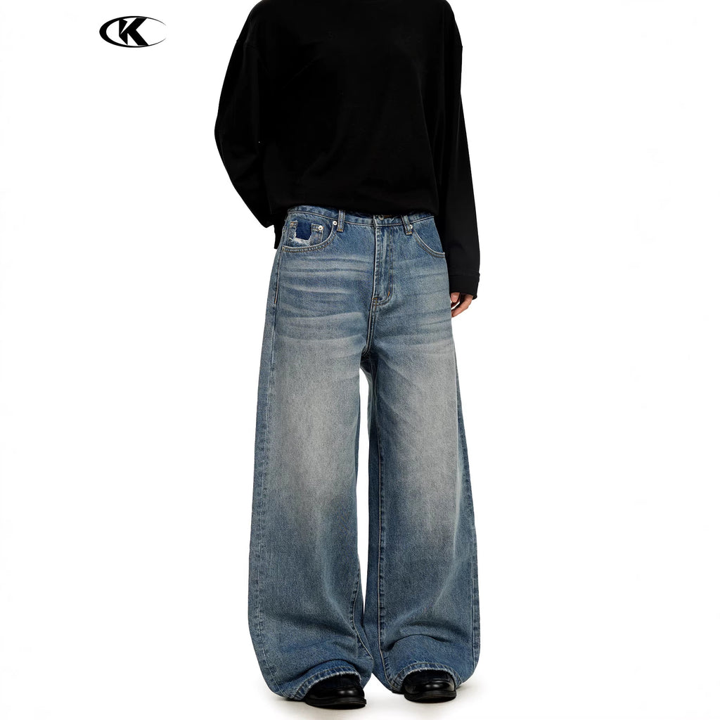 11KN retro washed blue straight wide-leg jeans pants