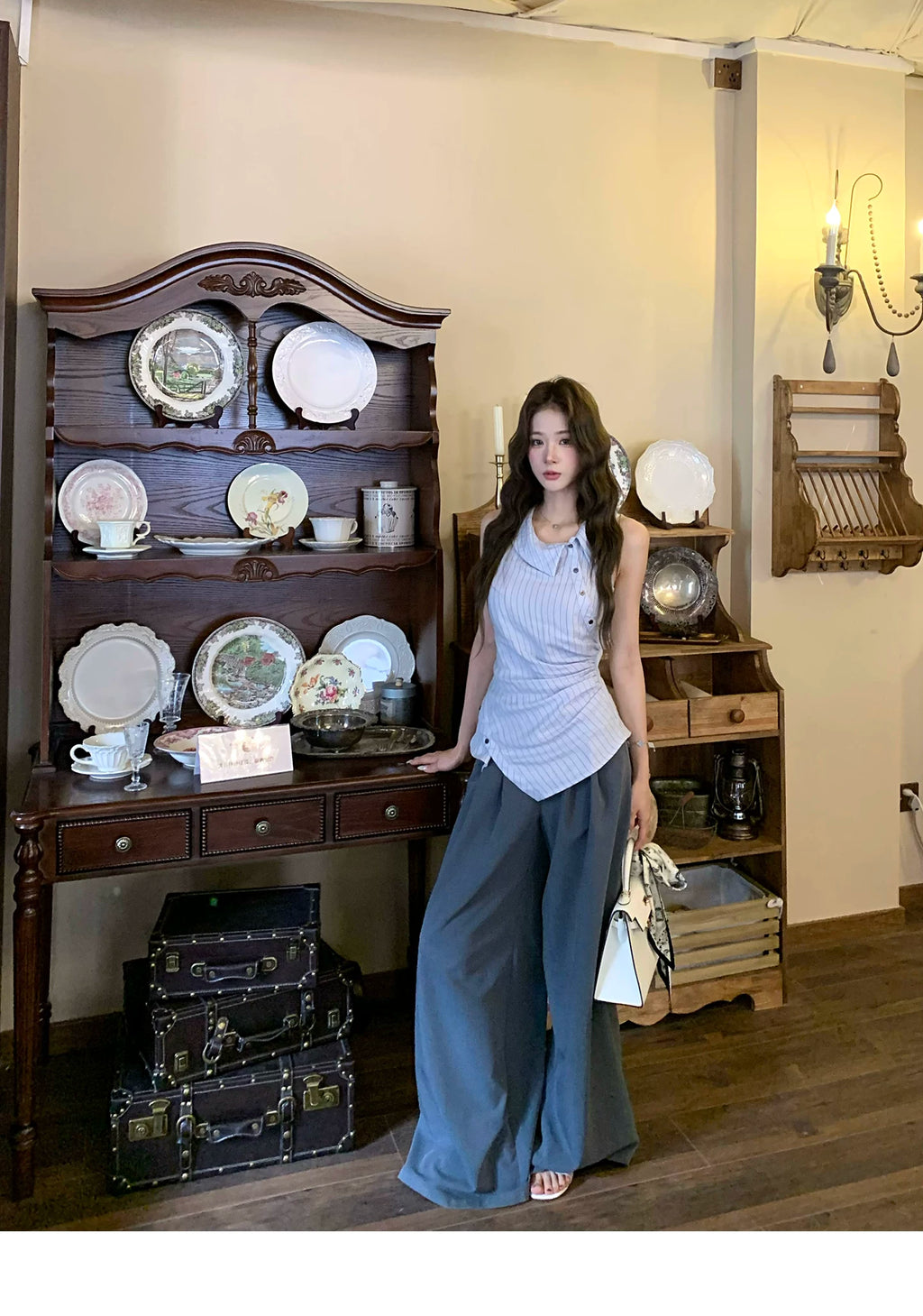 Barb Chill Irregular Striped Shirt Mopping Wide Leg Pants Set
