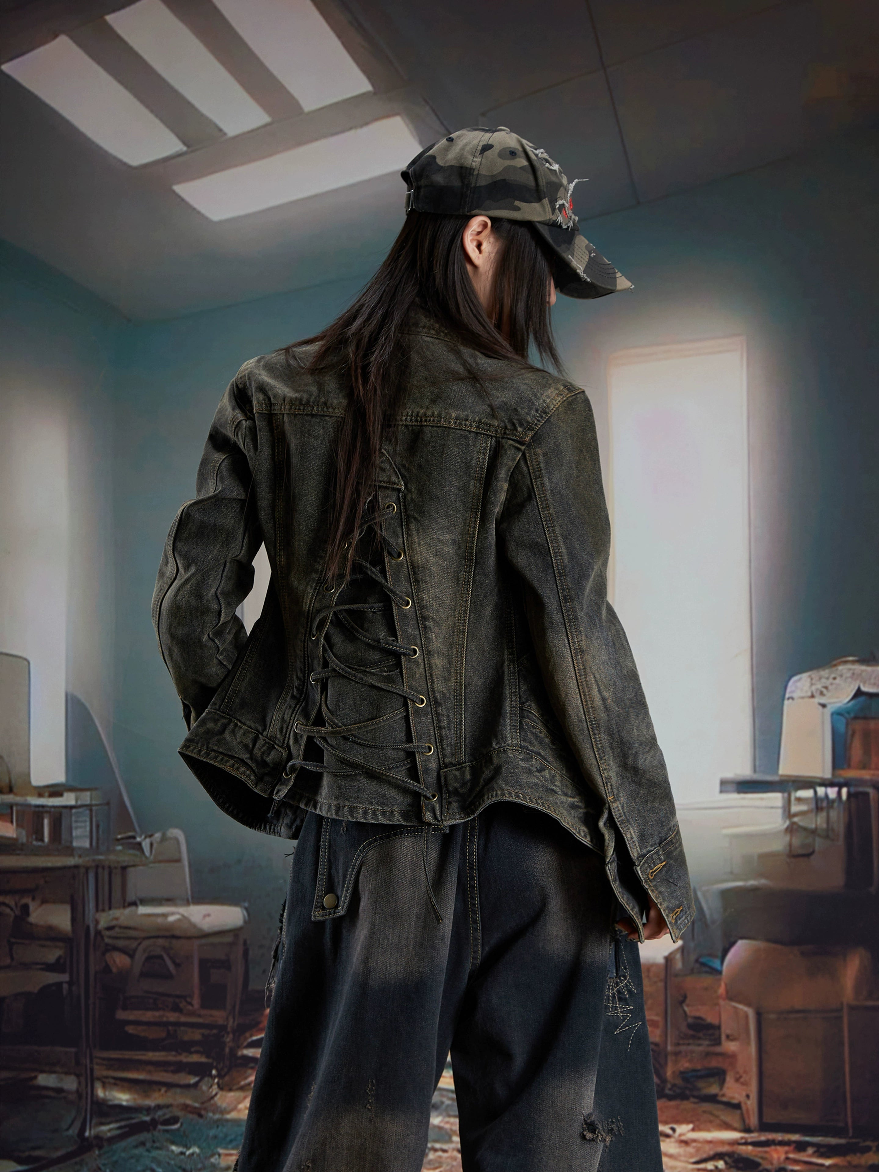 NOMANIAI Retro Old Washed Stand-up Collar Slim Denim Jacket