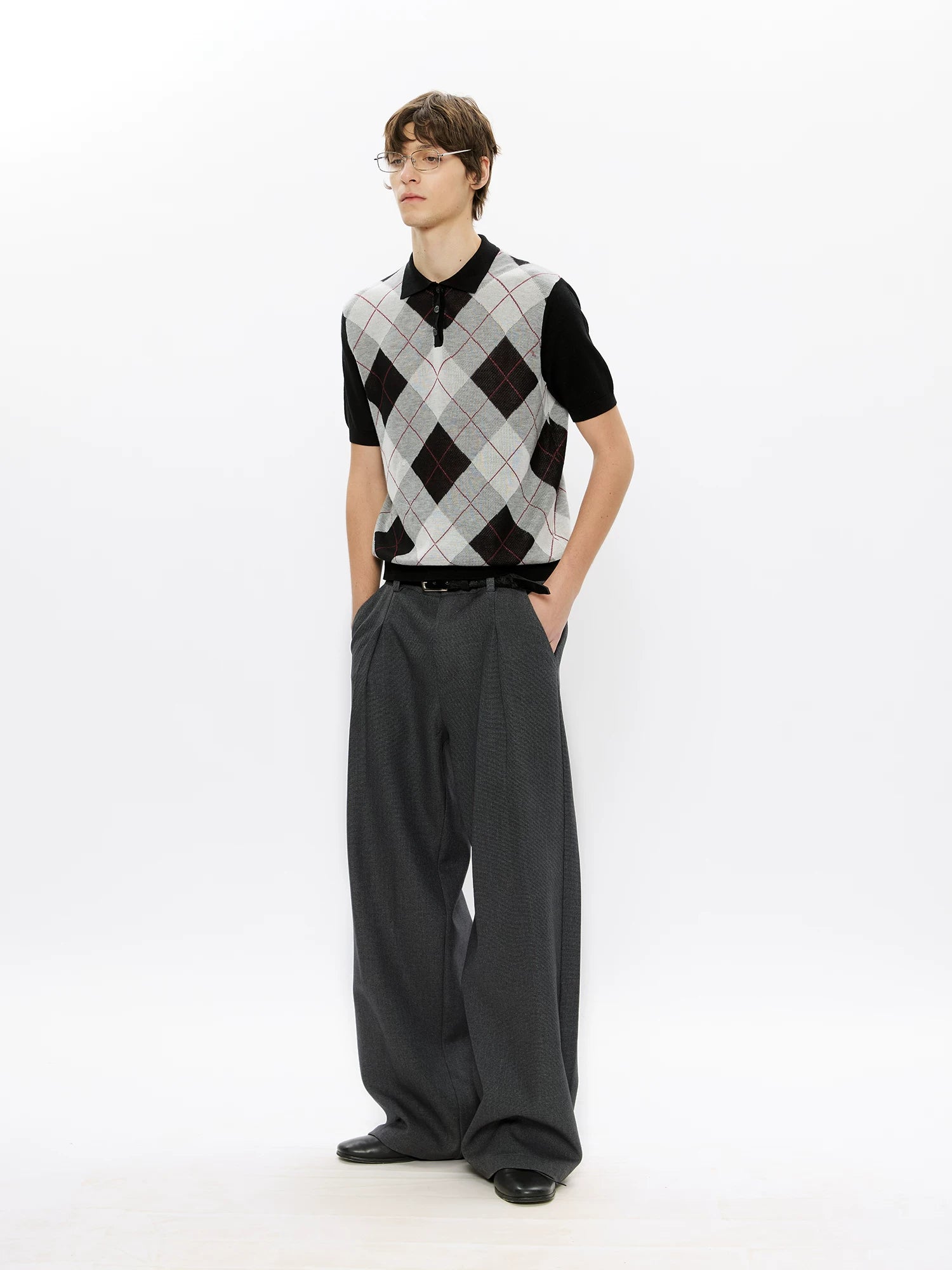 KREATE Wool Thousand Bird Grid Dark Pattern Pleated A-word Trousers