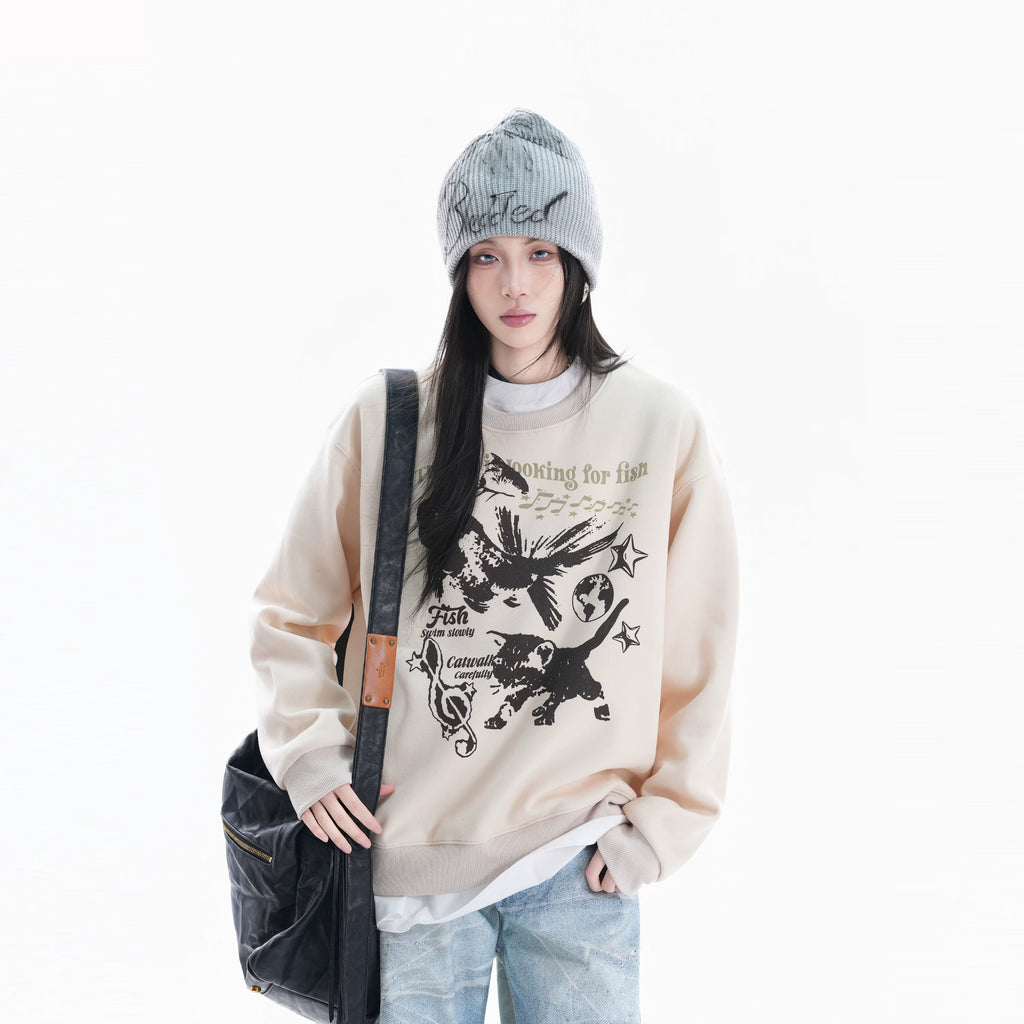 Zuocisankon Retro Cat Print Crew Neck Fleece Sweater