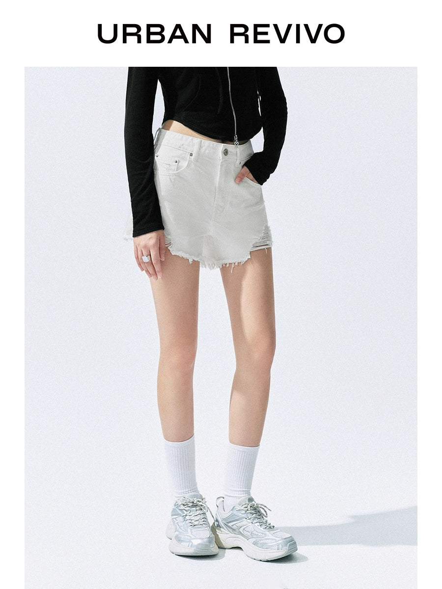 URBAN REVIVO Simple Street-style Fringed Casual Shorts