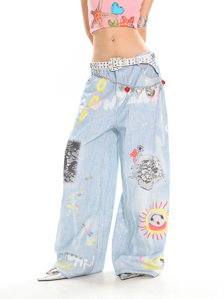 UNCMHISEX Graffiti Wide-leg Jeans
