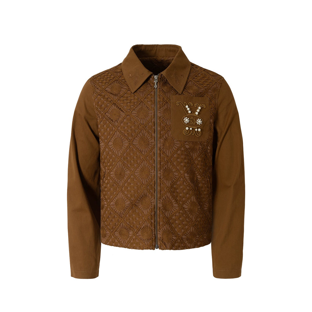 YADcrew Vintage Embroidered Zip Lace Lapel Jacket