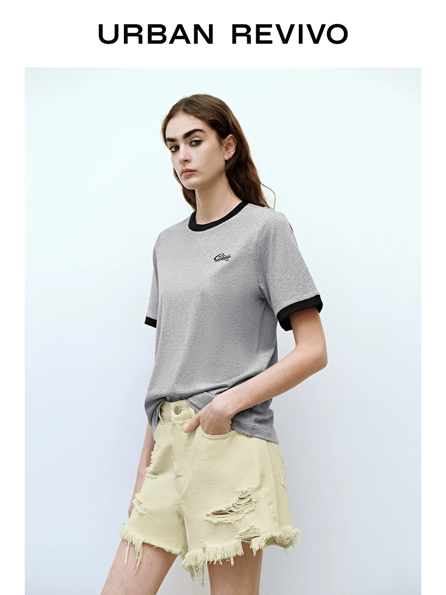 URBAN REVIVO Casual Contrasting Embroidery Cotton Tee