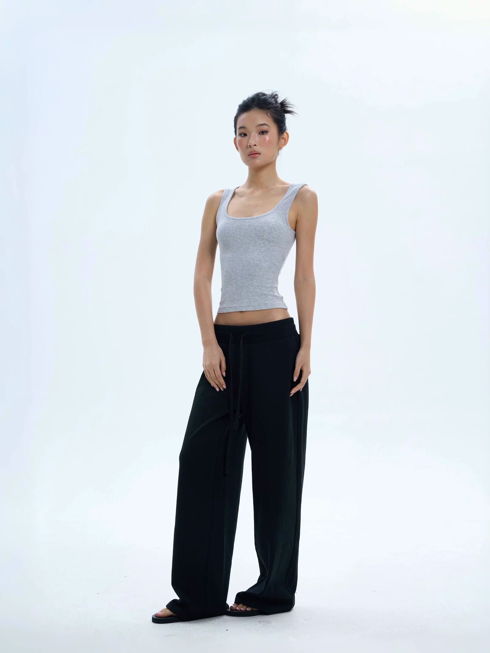 Veryrareme Low Waist Ribbed Wide Waist Drawstring Sweatpants