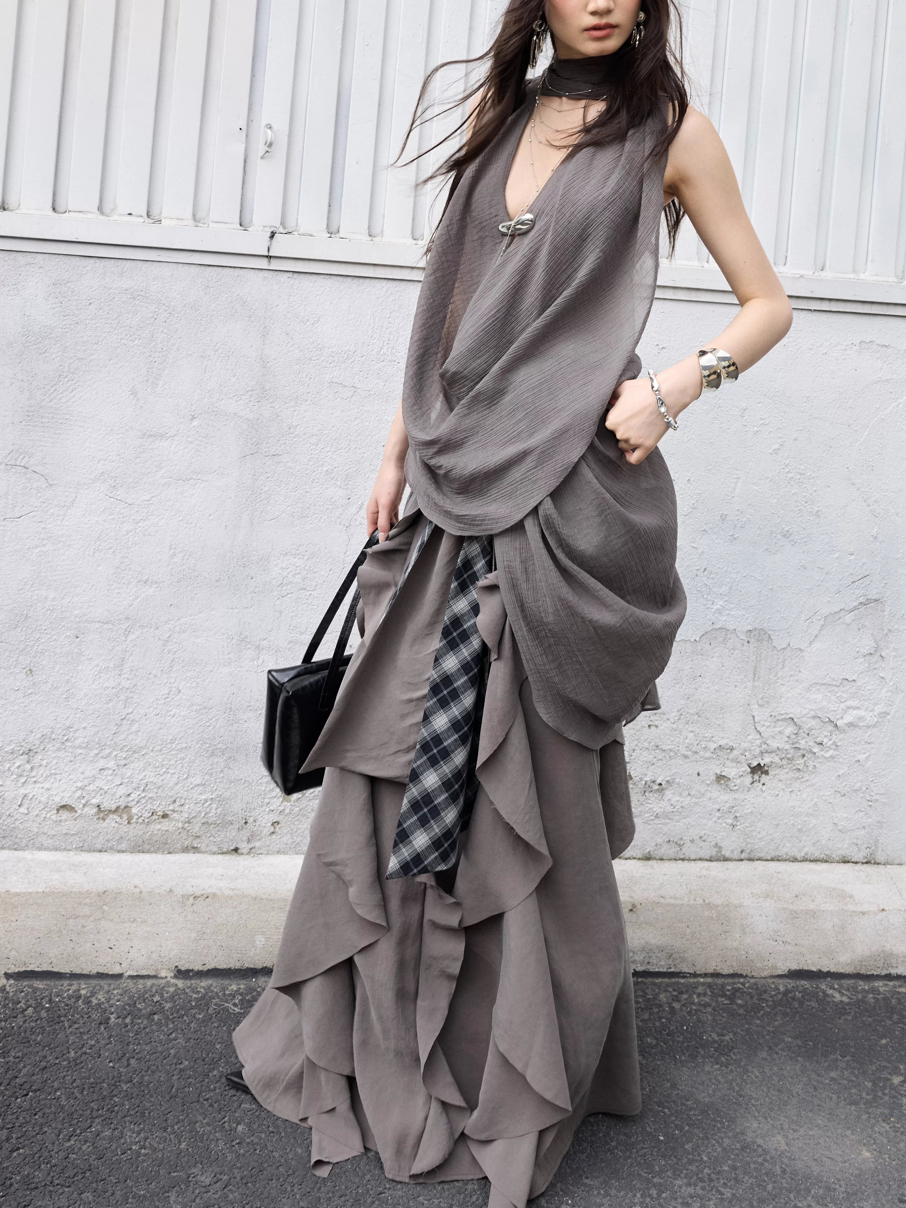 JNYLON Makes Old Ruffle Leaf Edge Lace-up Long Skirt.