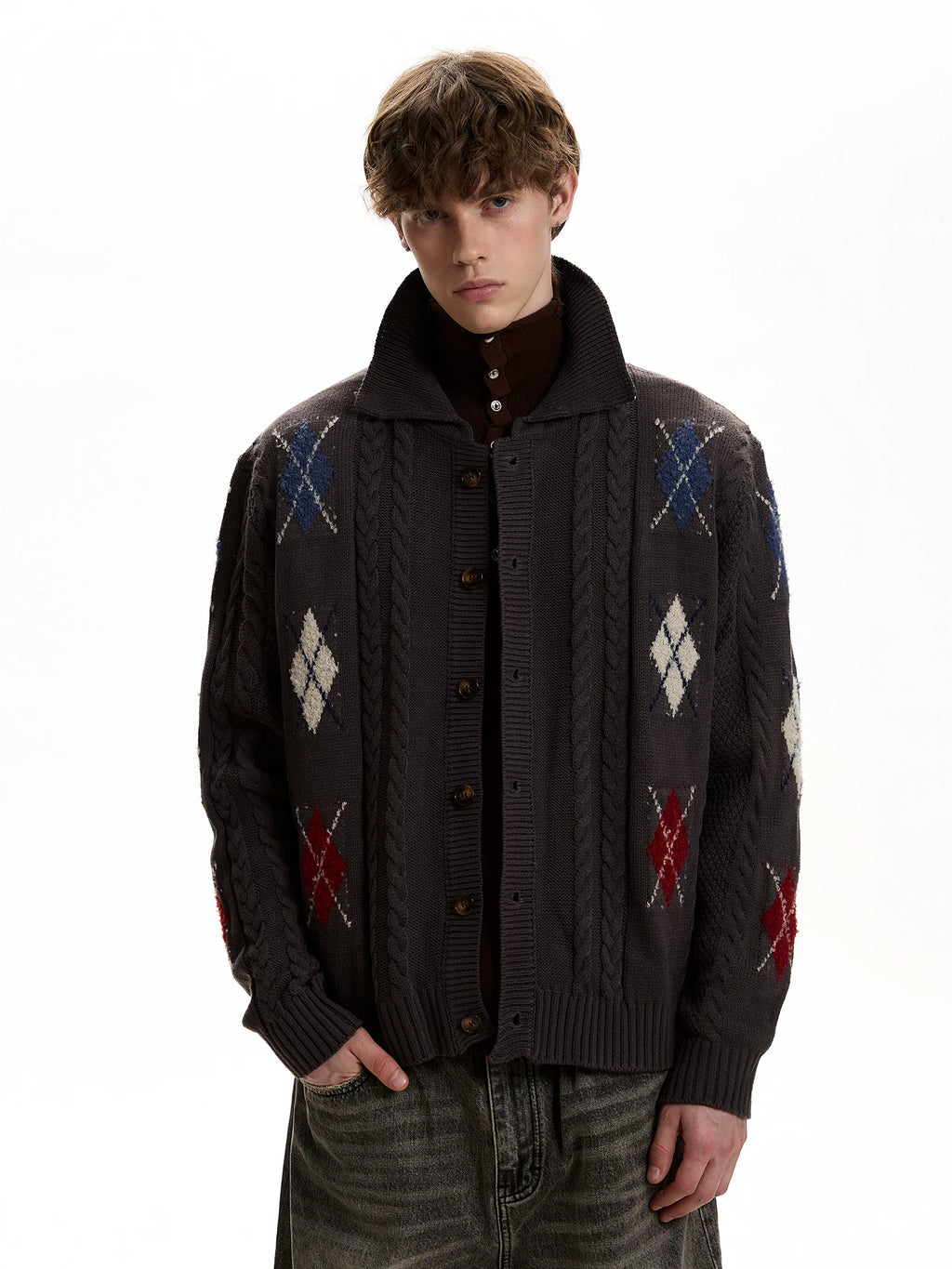 A PUEE Vintage Twist Rhombus Knitted Cardigan Sweater