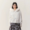 Umoumo Loose Puppy Embroidered Fur Collar Hooded Fleece Sweater