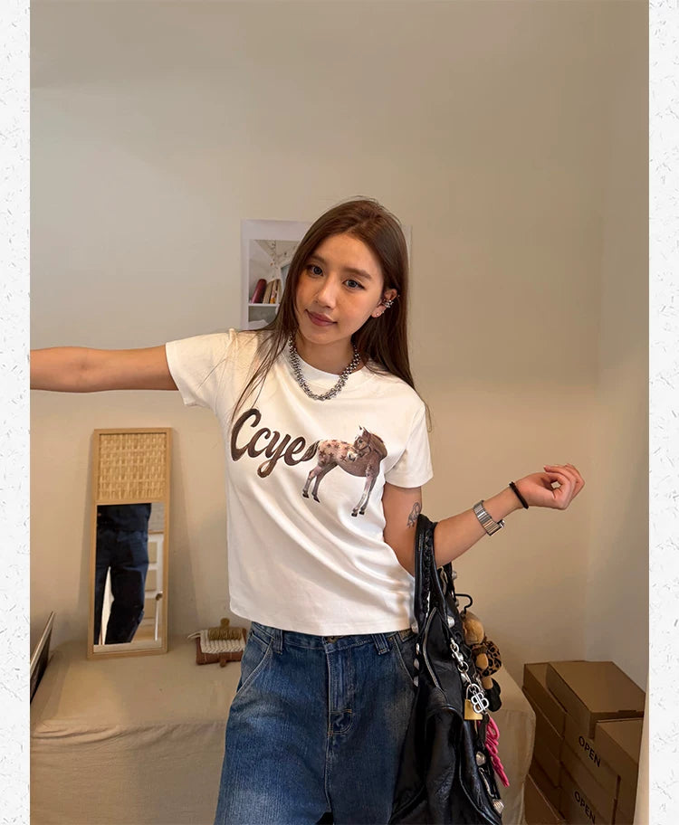 CCYE Front Shoulder Slightly Loose Round Neck Tee